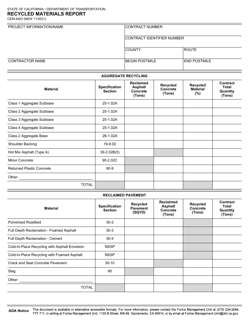 Form CEM-4403 Recycled Materials Report - California, Page 1