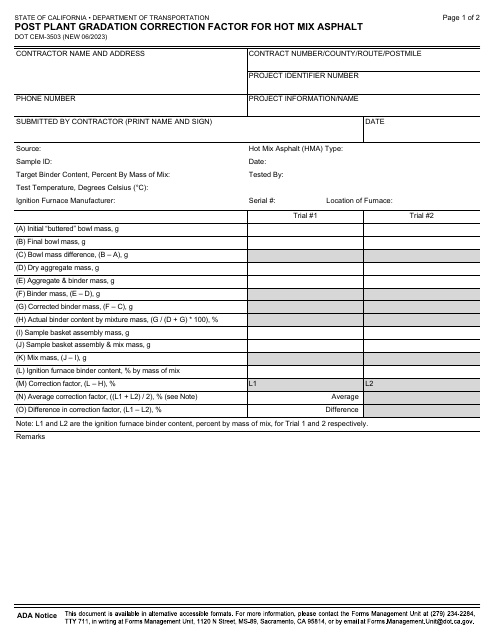 Form DOT CEM-3503 Post Plant Gradation Correction Factor for Hot Mix Asphalt - California