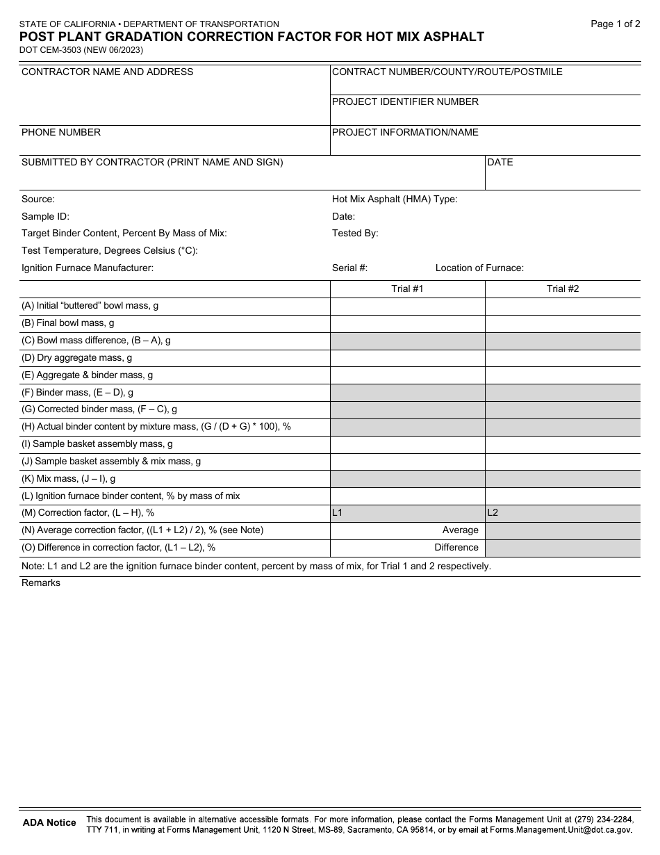 Form DOT CEM-3503 Post Plant Gradation Correction Factor for Hot Mix Asphalt - California, Page 1