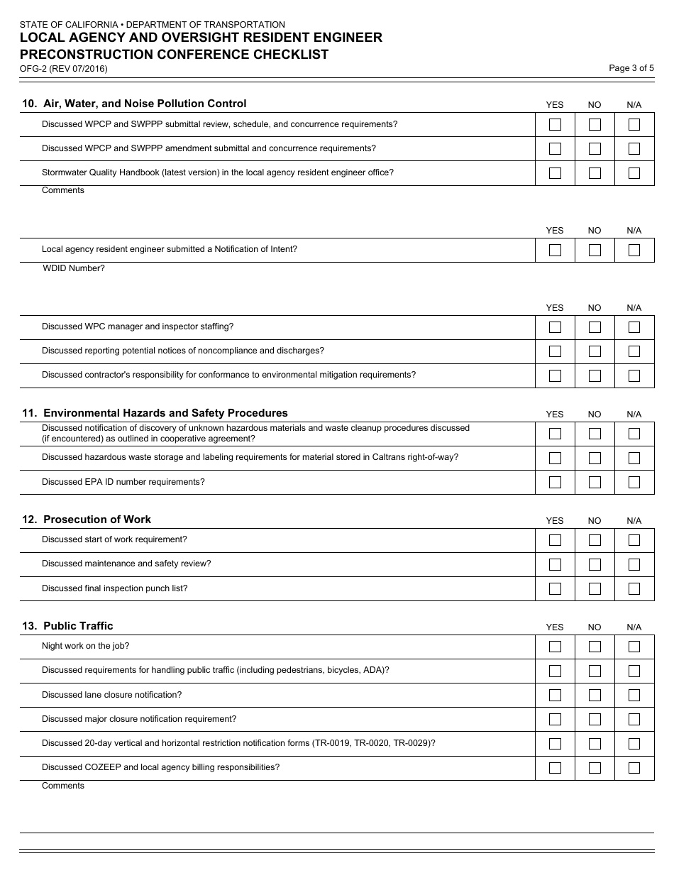Form OFG-2 Local Agency and Oversight Resident Engineer Preconstruction Conference Checklist - California, Page 3