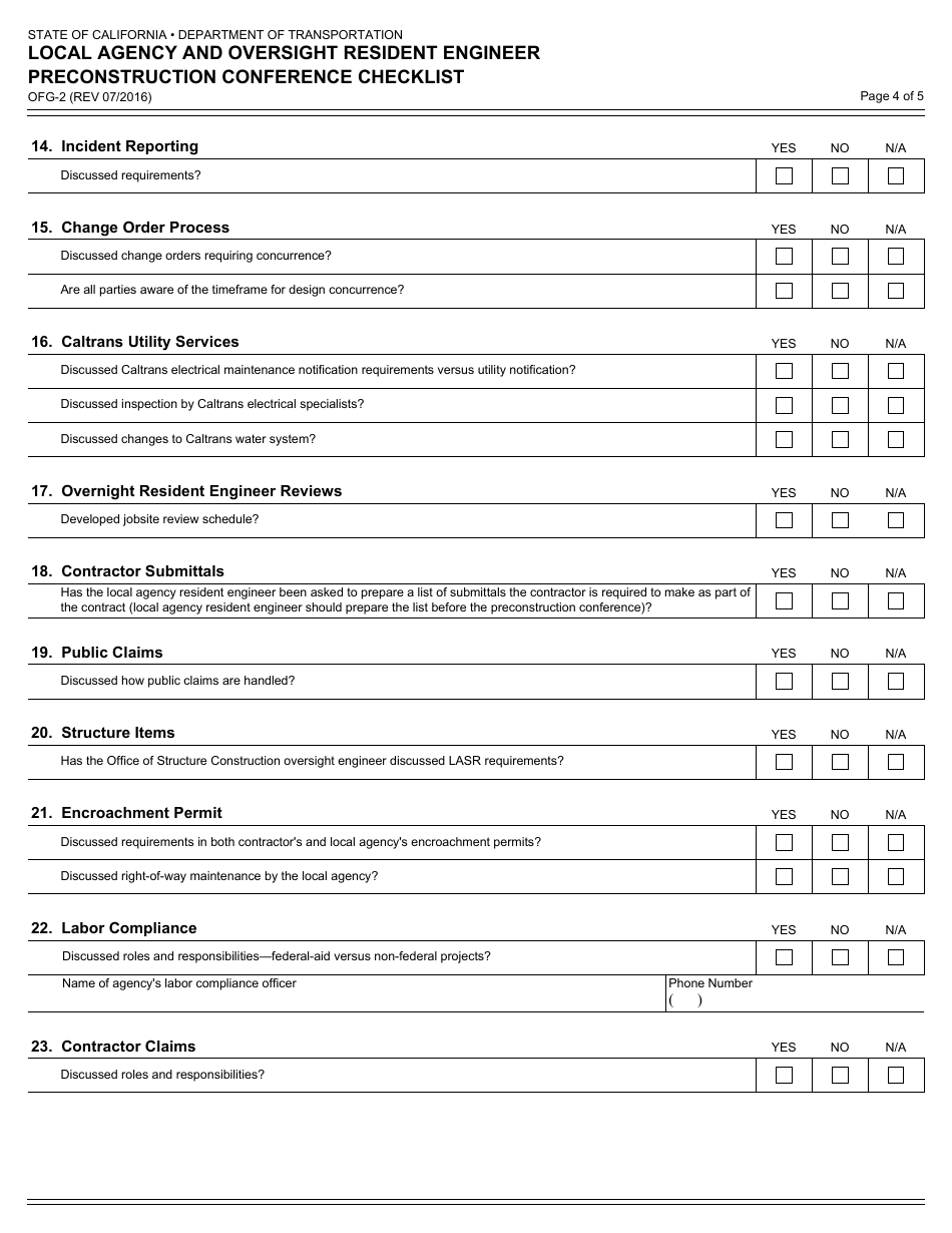 Form OFG-2 Local Agency and Oversight Resident Engineer Preconstruction Conference Checklist - California, Page 4