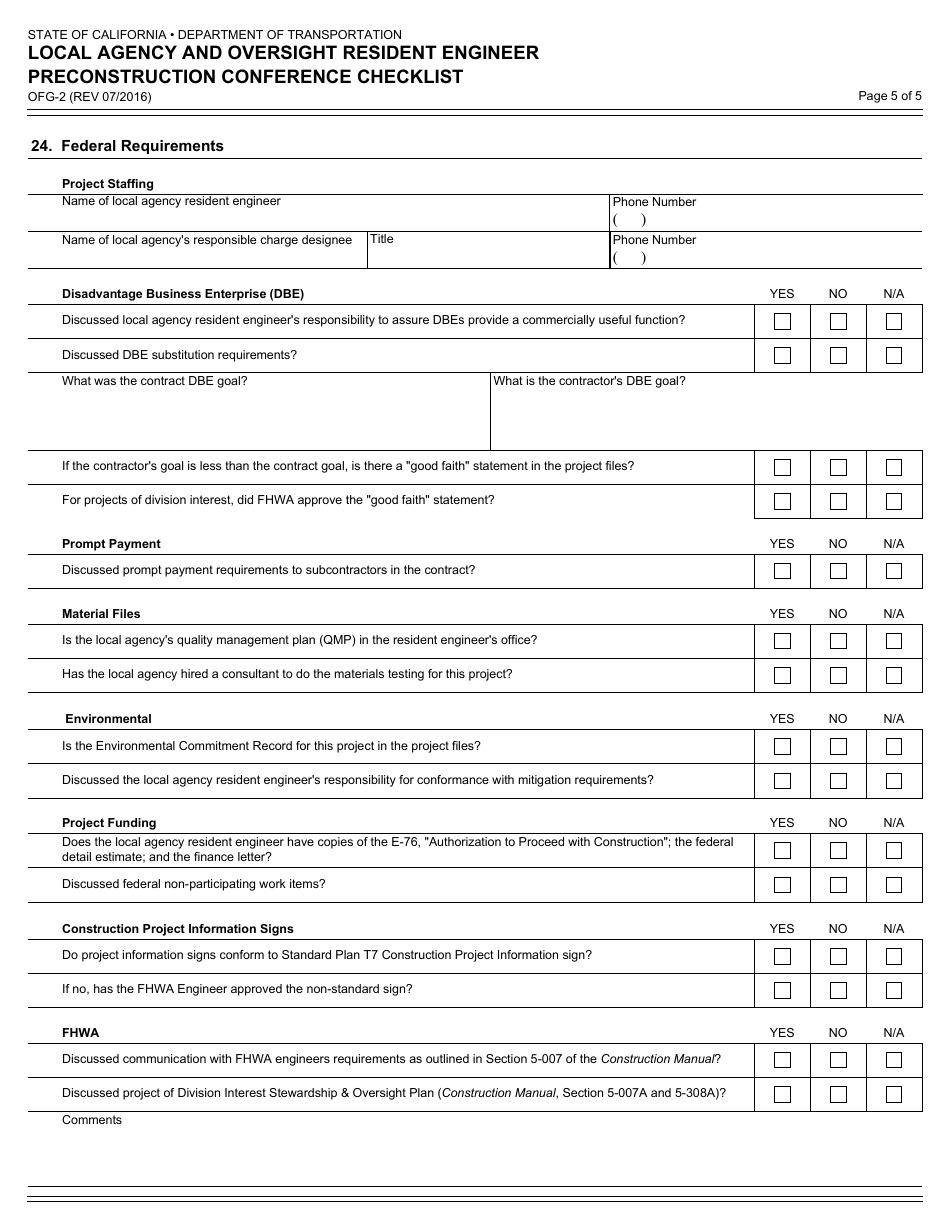 Form OFG-2 Local Agency and Oversight Resident Engineer Preconstruction Conference Checklist - California, Page 5
