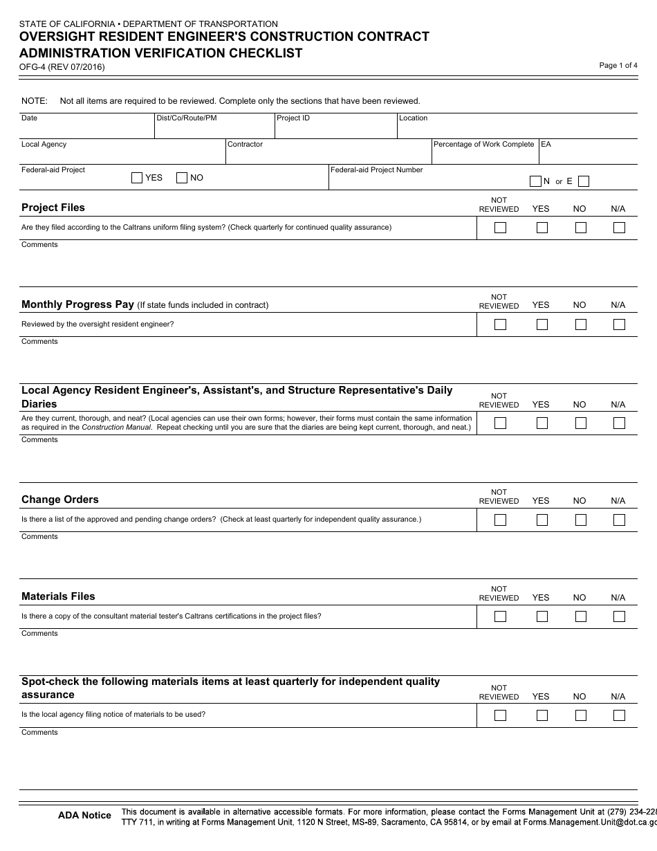 Form OFG-4 Oversight Resident Engineers Construction Contract Administration Verification Checklist - California, Page 1