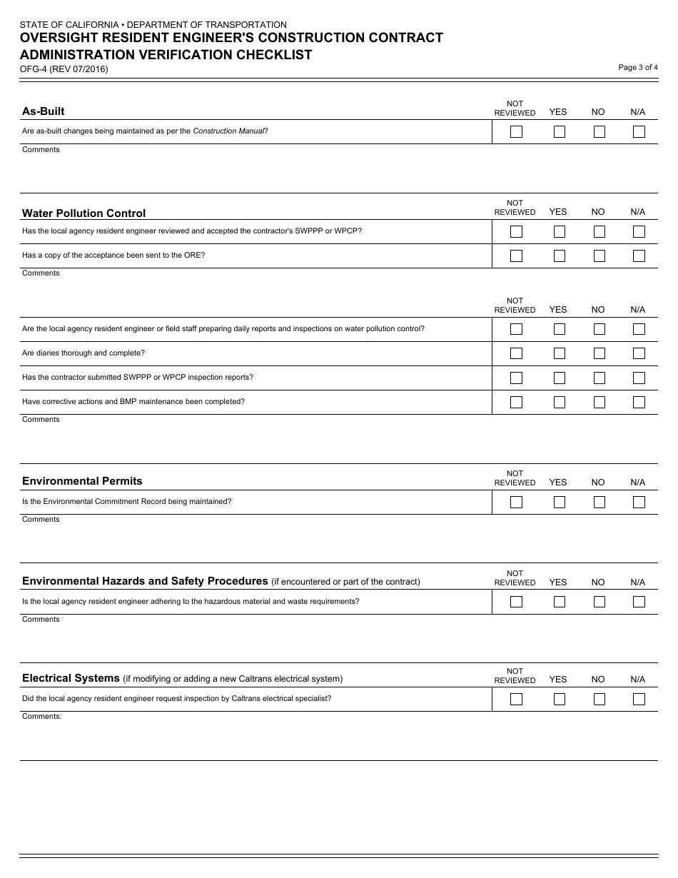 Form OFG-4 Oversight Resident Engineers Construction Contract Administration Verification Checklist - California, Page 3