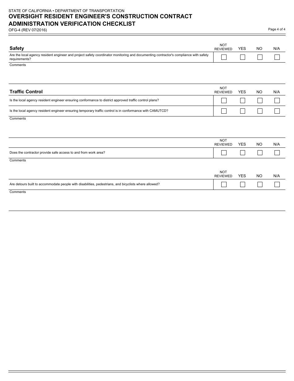 Form OFG-4 Oversight Resident Engineers Construction Contract Administration Verification Checklist - California, Page 4