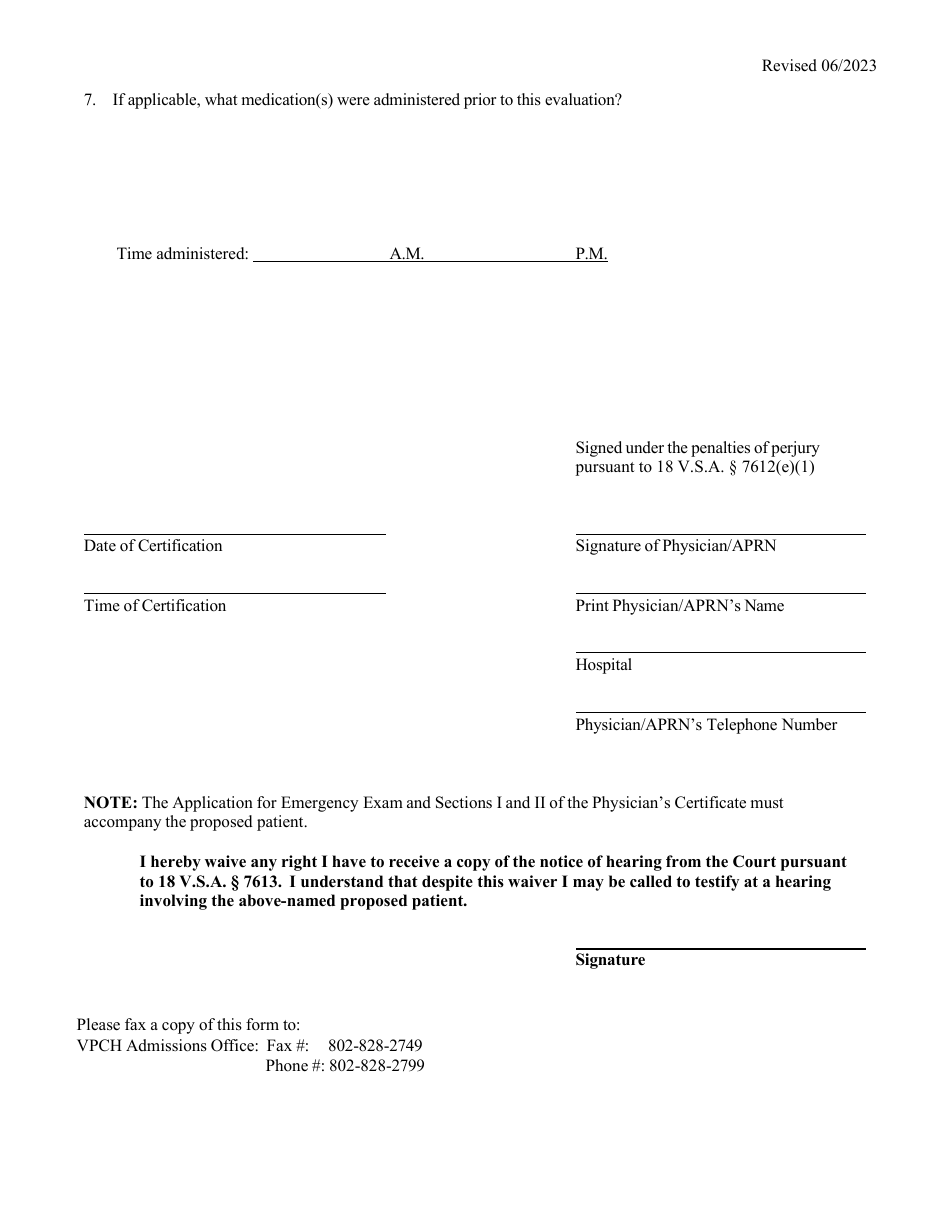 Physicians Certificate Emergency Exam - Vermont, Page 3