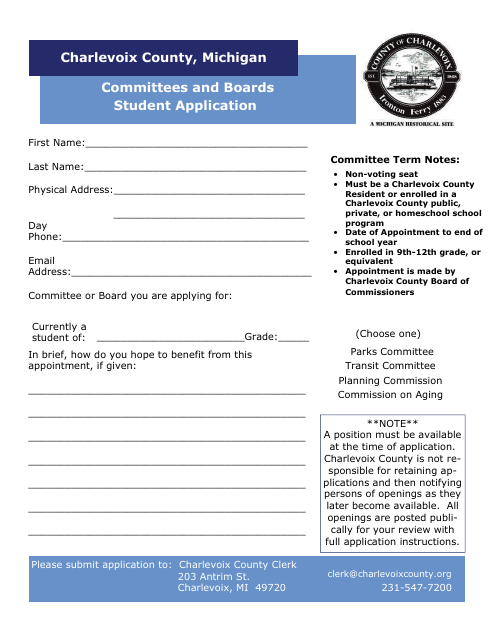 Committees and Boards Student Application - Charlevoix County, Michigan Download Pdf
