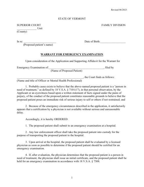 Warrant for Emergency Examination - Vermont Download Pdf