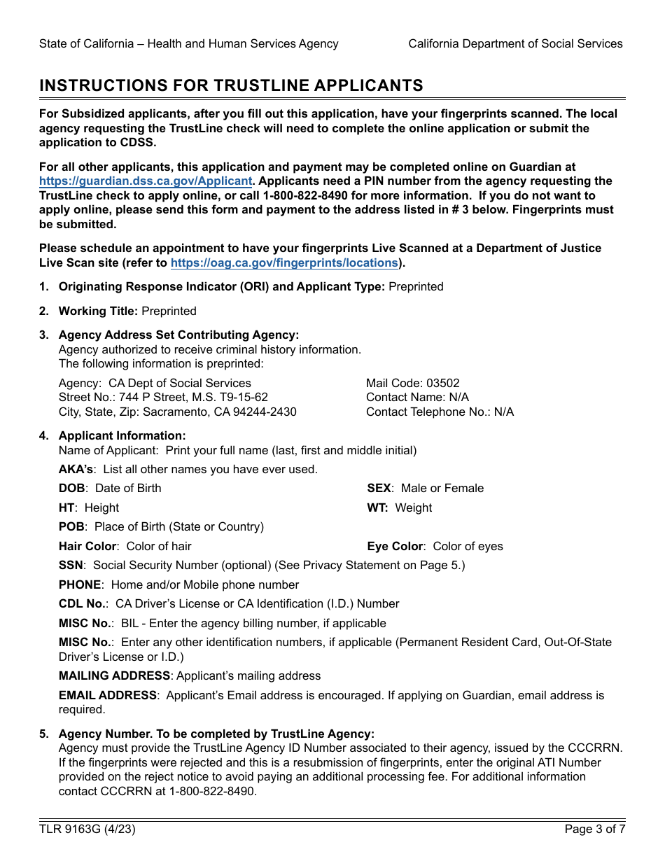 Form TLR9163G Trustline Registry Application - California, Page 3