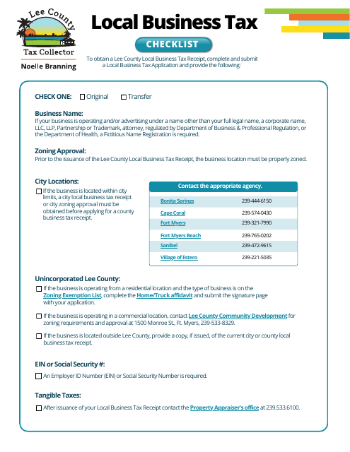 Local Business Tax Checklist - Lee County, Florida Download Pdf