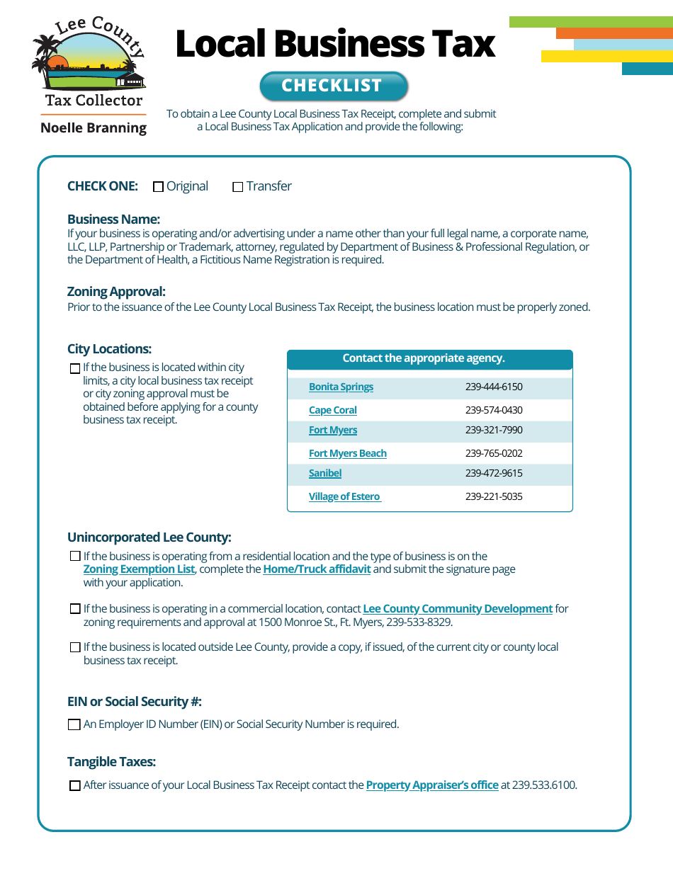 Local Business Tax Checklist - Lee County, Florida, Page 1