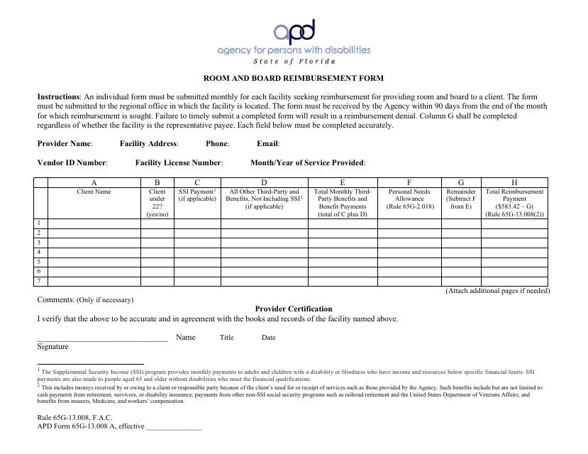 APD Form 65G-13.008 A Room and Board Reimbursement Form - Florida