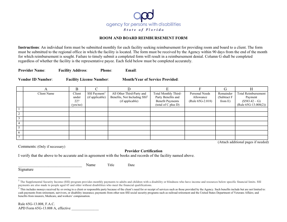 APD Form 65G-13.008 A Room and Board Reimbursement Form - Florida, Page 1
