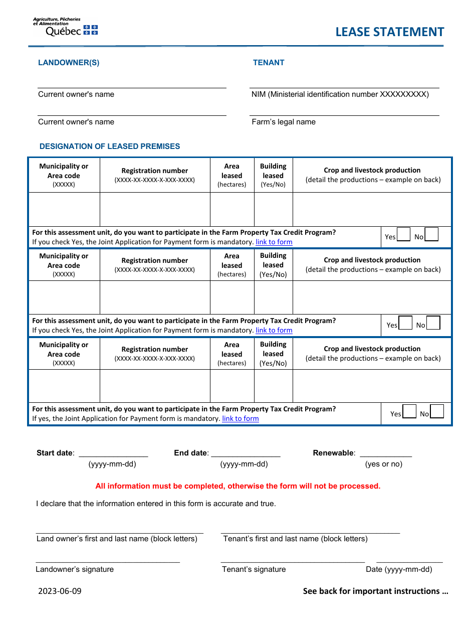 Lease Statement - Quebec, Canada, Page 1