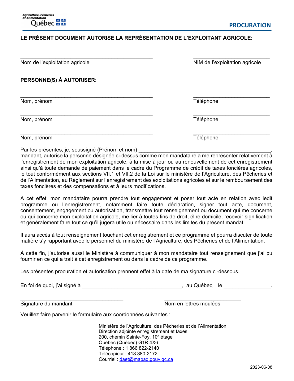 Procuration - Quebec, Canada (French), Page 1