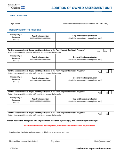 Addition of Owned Assessment Unit - Quebec, Canada Download Pdf