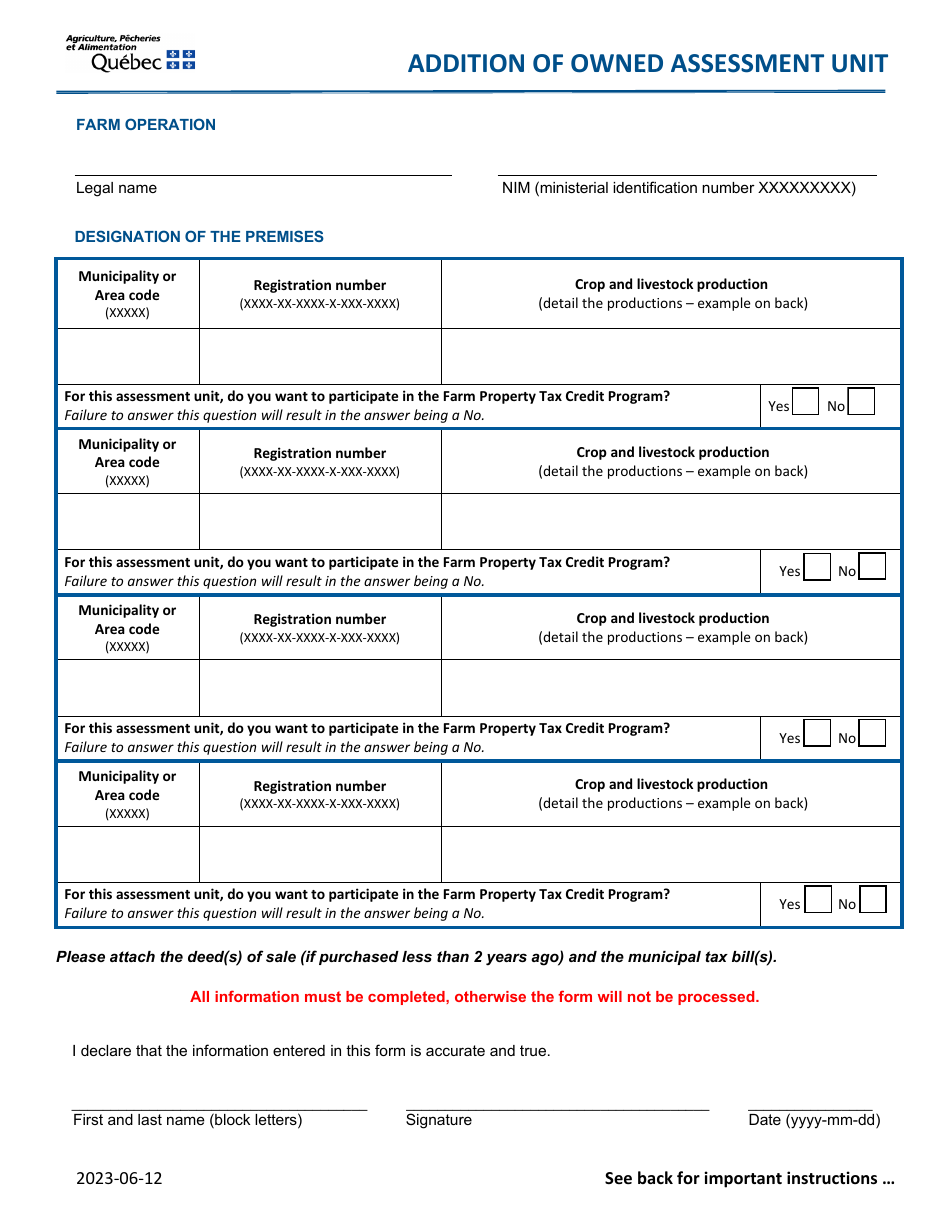 Addition of Owned Assessment Unit - Quebec, Canada, Page 1