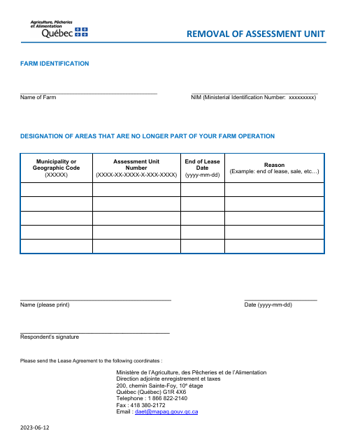 Removal of Assessment Unit - Quebec, Canada Download Pdf