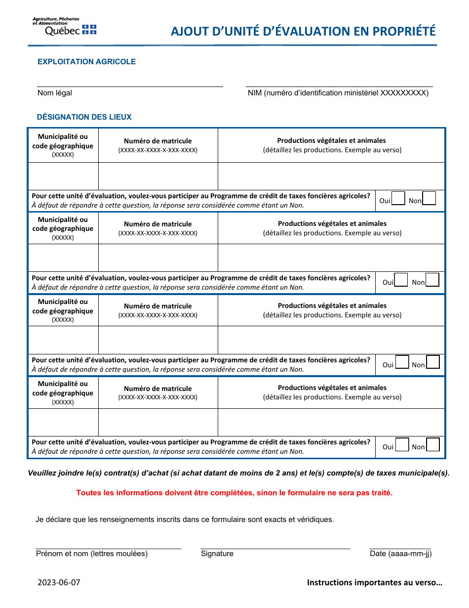 Ajout Dunite Devaluation En Propriete - Quebec, Canada (French), Page 1