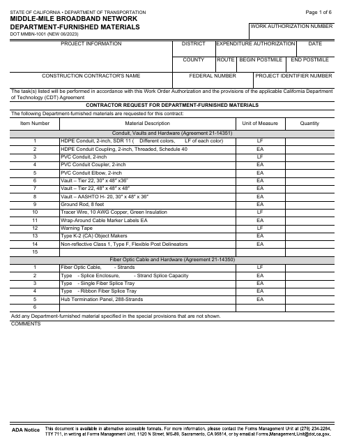 Form DOT MMBN-1001 Middle-Mile Broadband Network Department-Furnished Materials - California