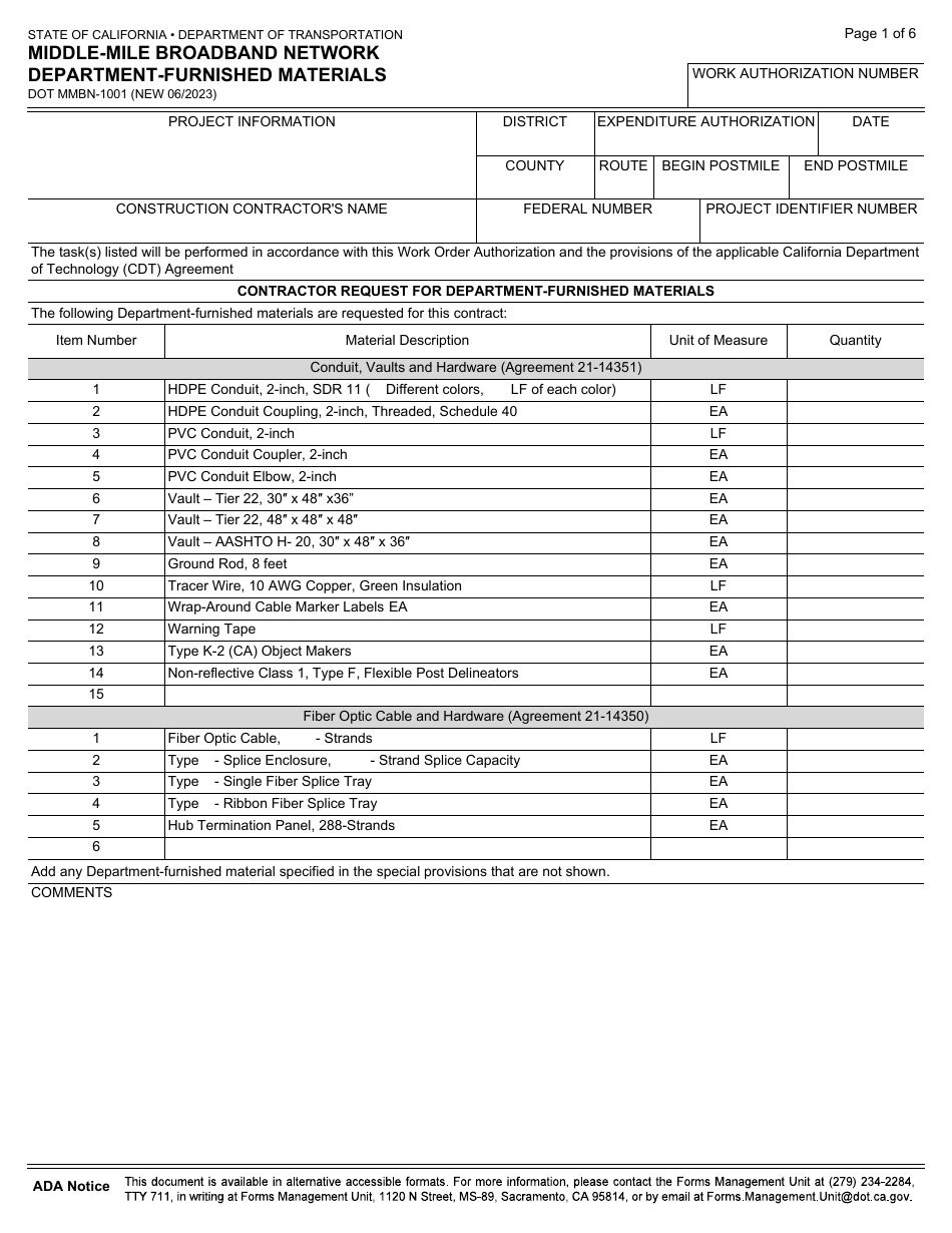 Form DOT MMBN-1001 Middle-Mile Broadband Network Department-Furnished Materials - California, Page 1