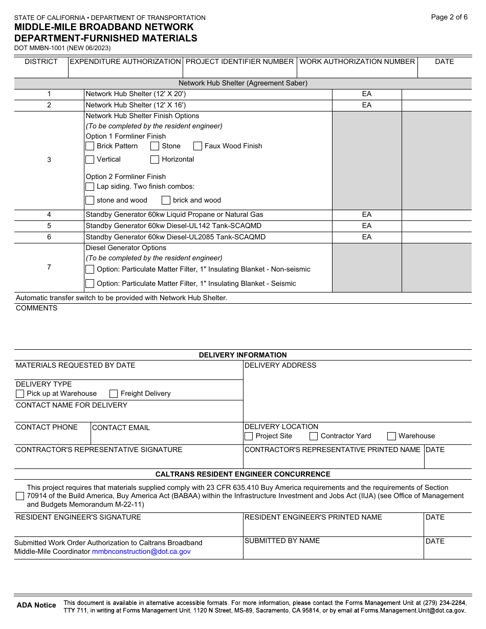Form DOT MMBN-1001 Middle-Mile Broadband Network Department-Furnished Materials - California, Page 2