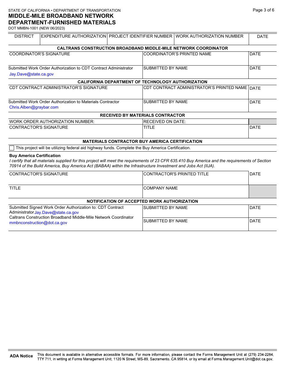 Form DOT MMBN-1001 Middle-Mile Broadband Network Department-Furnished Materials - California, Page 3