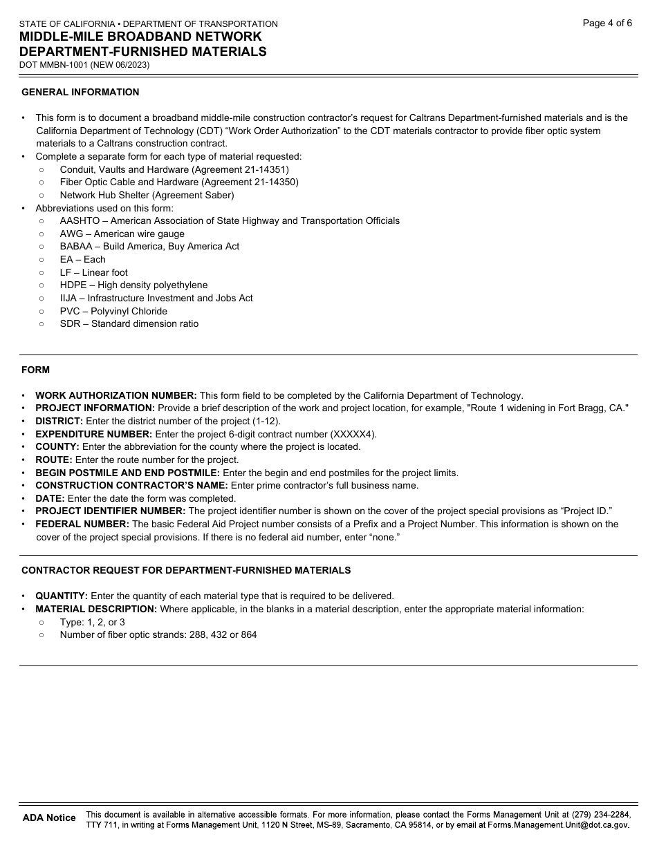 Form DOT MMBN-1001 Middle-Mile Broadband Network Department-Furnished Materials - California, Page 4