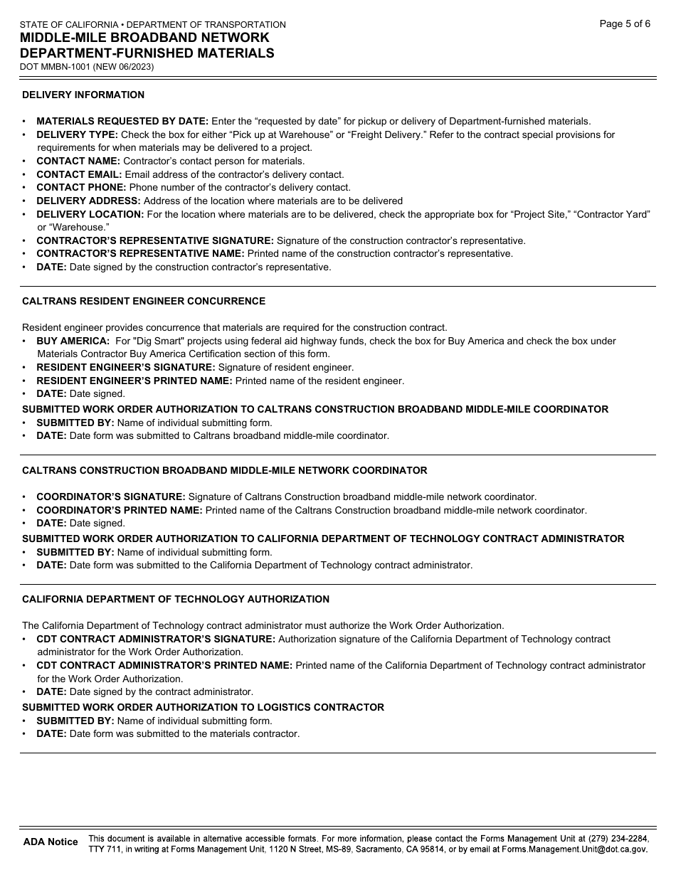 Form DOT MMBN-1001 Middle-Mile Broadband Network Department-Furnished Materials - California, Page 5