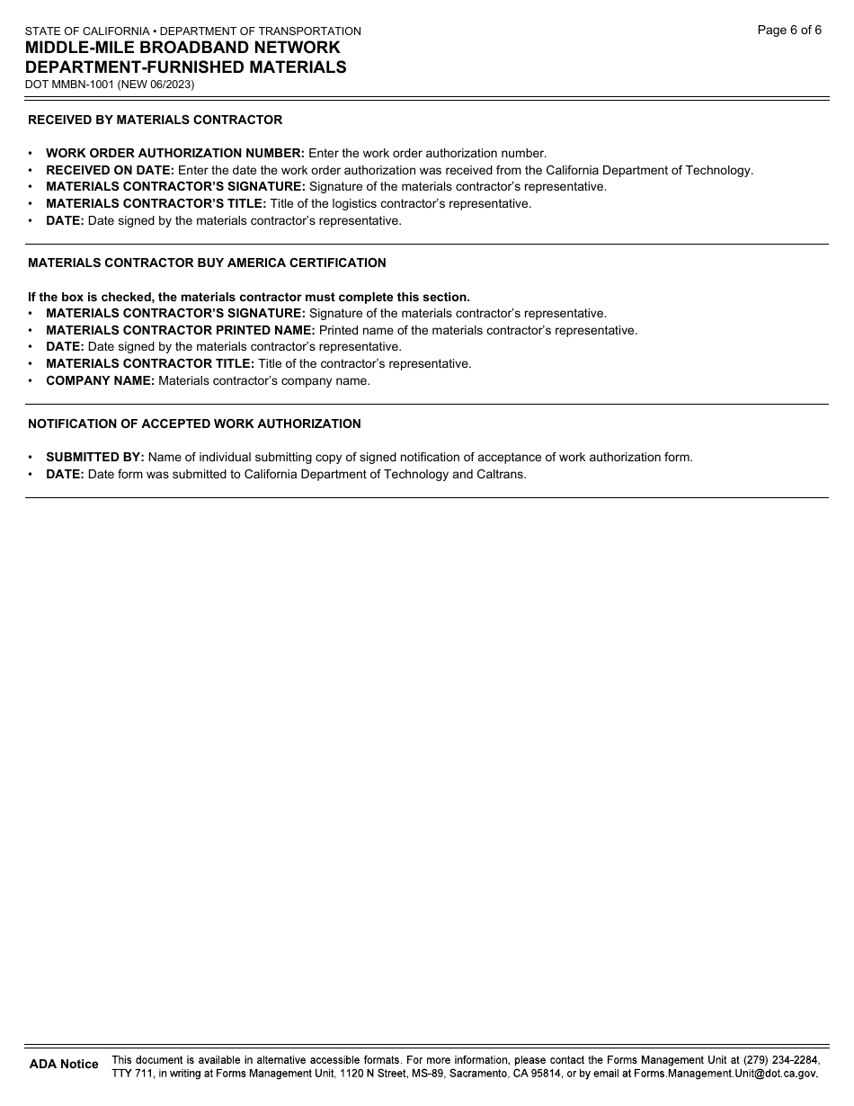 Form DOT MMBN-1001 Middle-Mile Broadband Network Department-Furnished Materials - California, Page 6