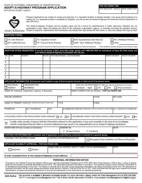 Form DOT MTCE-018  Printable Pdf