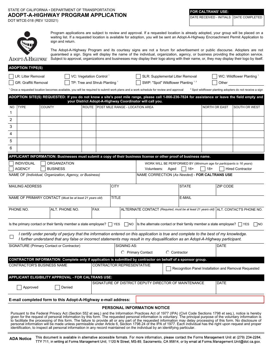 Form DOT MTCE-018 Adopt-A-highway Program Application - California, Page 1