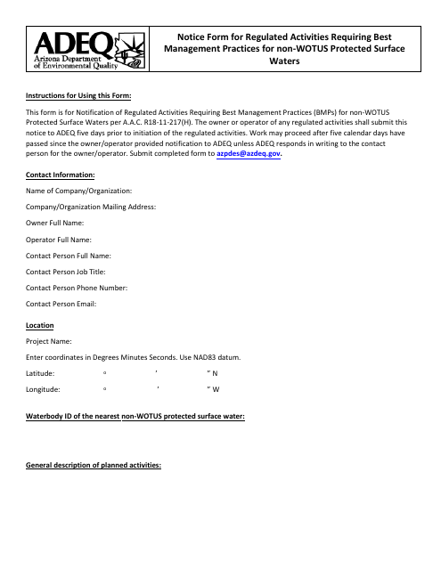Notice Form for Regulated Activities Requiring Best Management Practices for Non-wotus Protected Surface Waters - Arizona Download Pdf