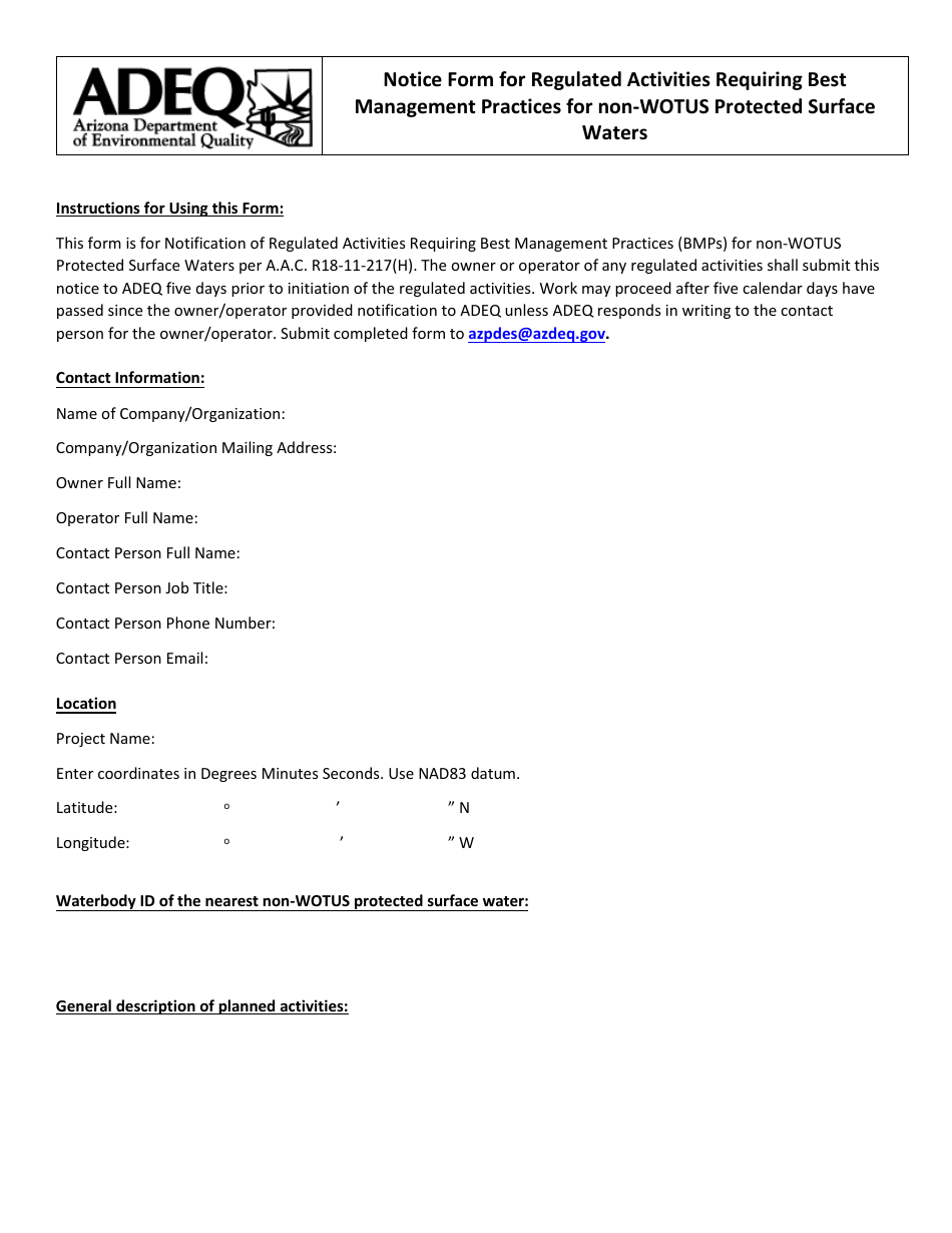 Notice Form for Regulated Activities Requiring Best Management Practices for Non-wotus Protected Surface Waters - Arizona, Page 1