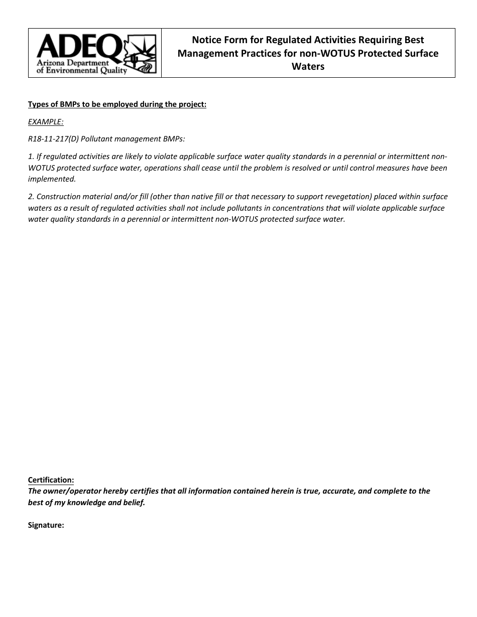 Notice Form for Regulated Activities Requiring Best Management Practices for Non-wotus Protected Surface Waters - Arizona, Page 2