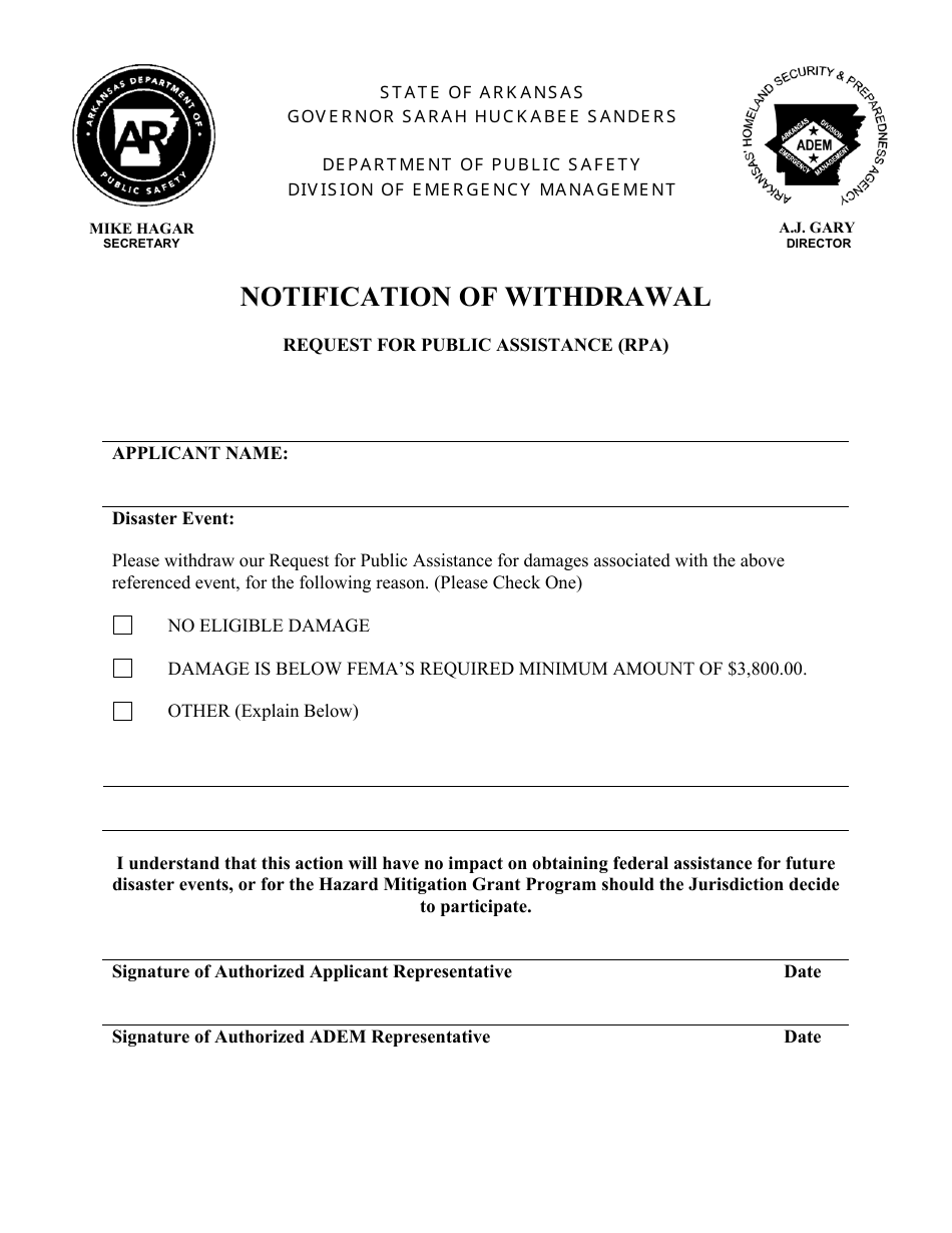 Notification of Withdrawal - Request for Public Assistance (Rpa) - Arkansas, Page 1