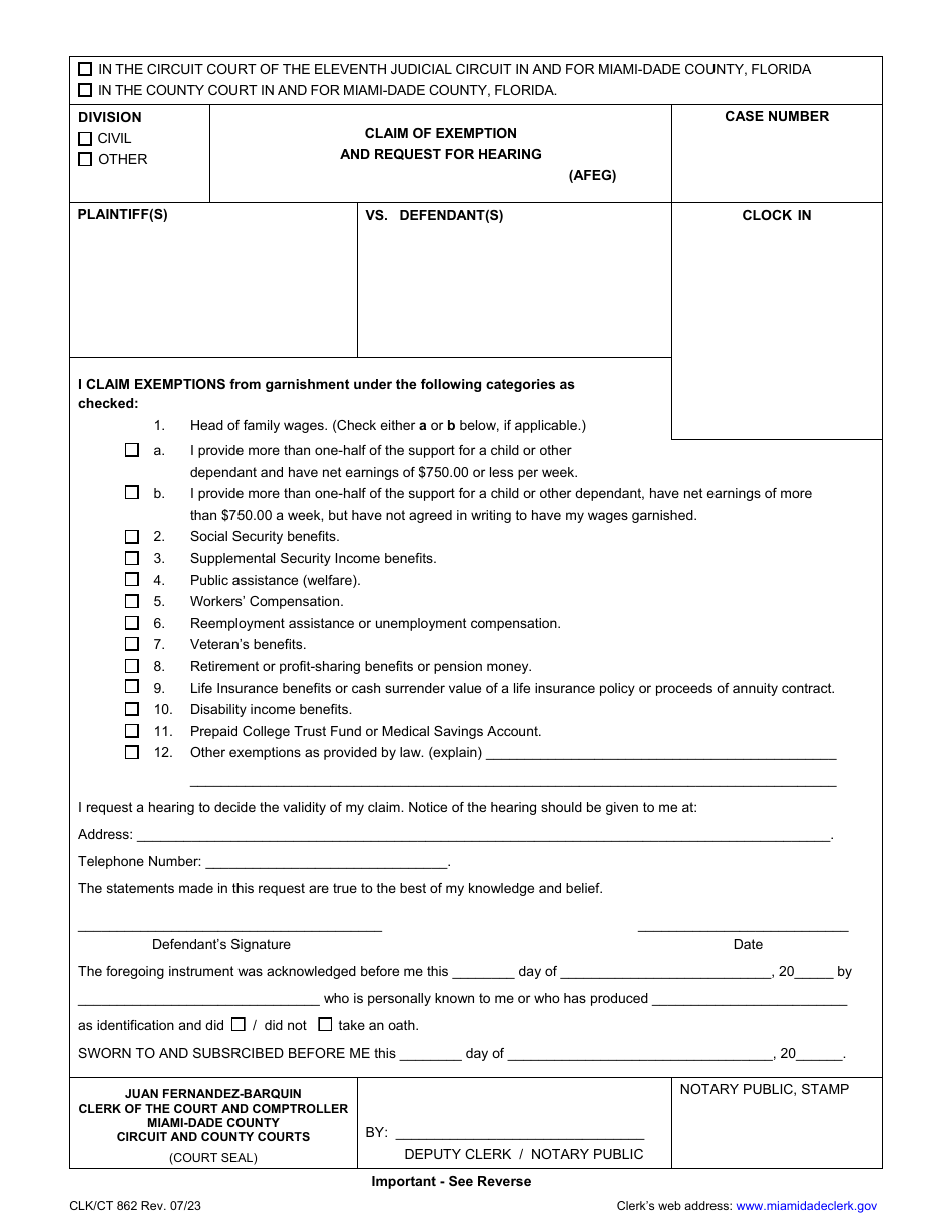 Form CLK / CT862 Claim of Exemption and Request for Hearing - Miami-Dade County, Florida, Page 1