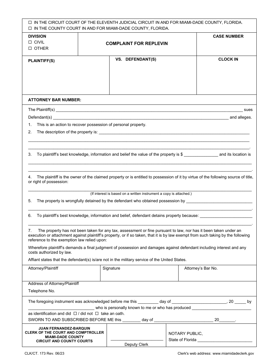 Form CLK/CT.173 Complaint for Replevin - Miami-Dade County, Florida, Page 1
