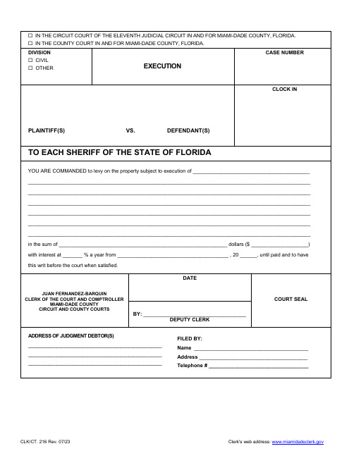 Form CLK/CT.216 Execution - Miami-Dade County, Florida