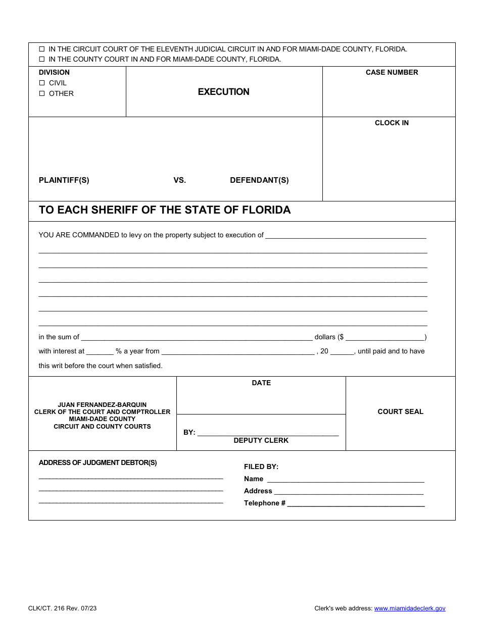 Form CLK / CT.216 Execution - Miami-Dade County, Florida, Page 1