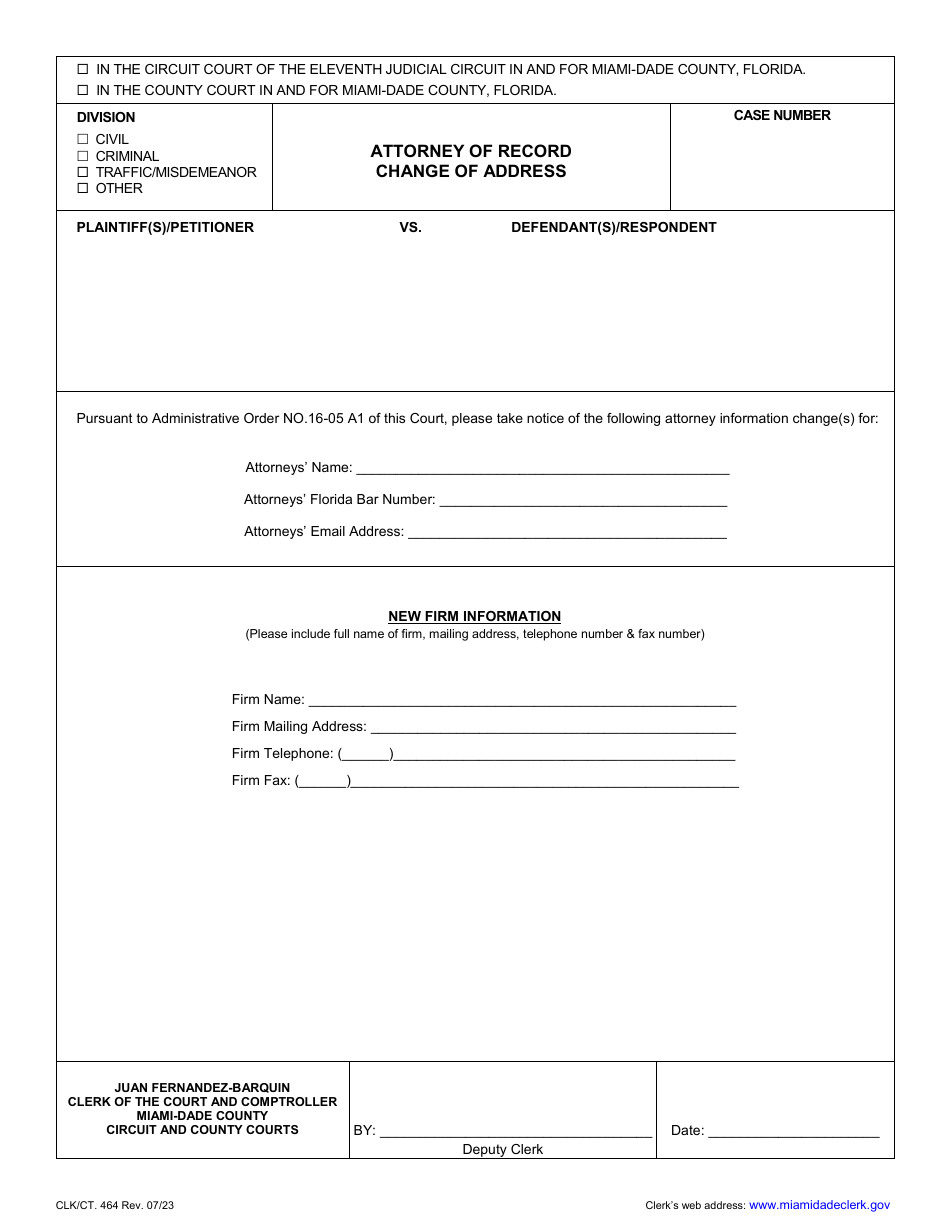 Form CLK / CT.464 Attorney of Record Change of Address - Miami-Dade County, Florida, Page 1