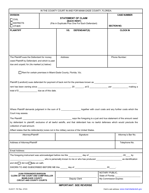 Form CLK/CT.791 Statement of Claim (Back Rent) - Miami-Dade County, Florida