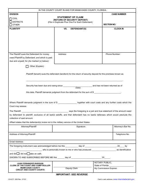 Form CLK/CT.826 Statement of Claim (Return of Security Deposit) - Miami-Dade County, Florida