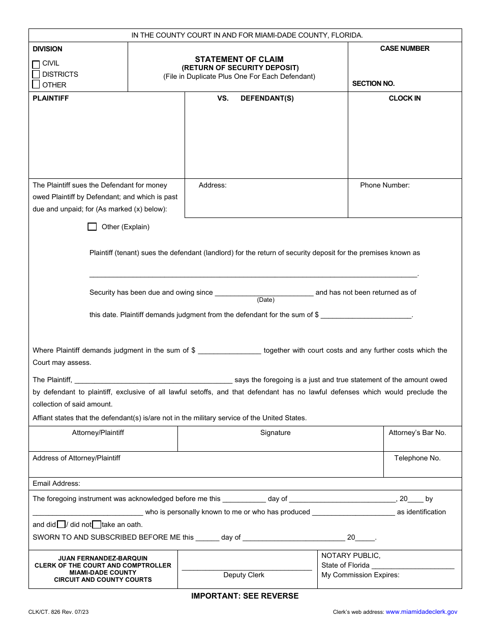 Form CLK / CT.826 Statement of Claim (Return of Security Deposit) - Miami-Dade County, Florida, Page 1