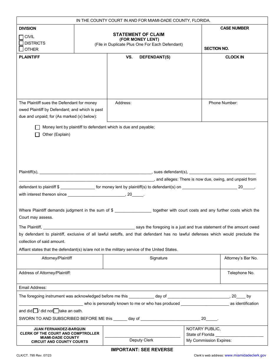 Form CLK / CT.795 Statement of Claim (For Money Lent) - Miami-Dade County, Florida, Page 1