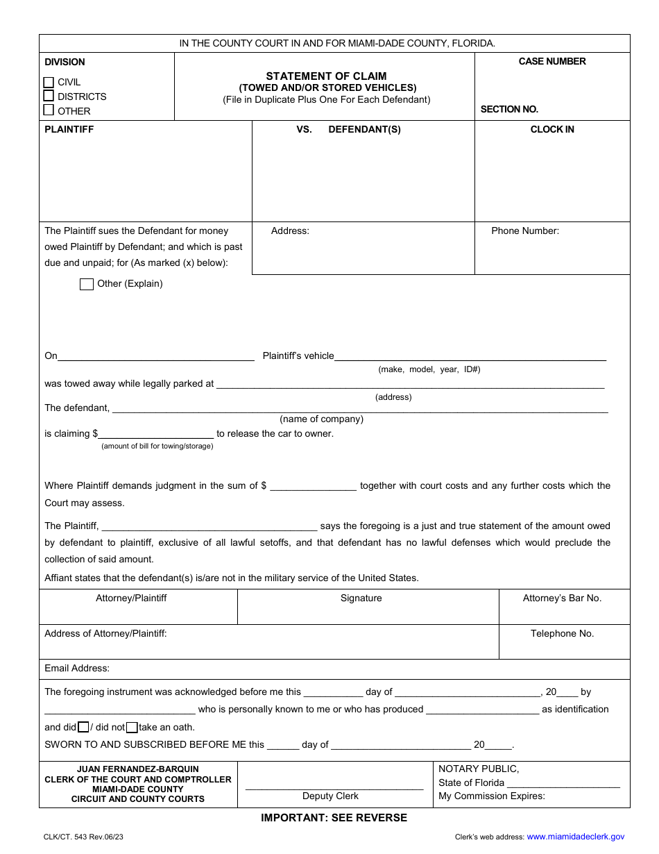 Form Clkct543 Download Fillable Pdf Or Fill Online Statement Of Claim Towed Andor Stored 4285