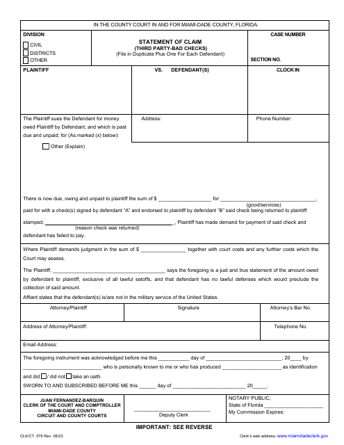 Form CLK/CT.576 Statement of Claim (Third Party-Bad Checks) - Miami-Dade County, Florida