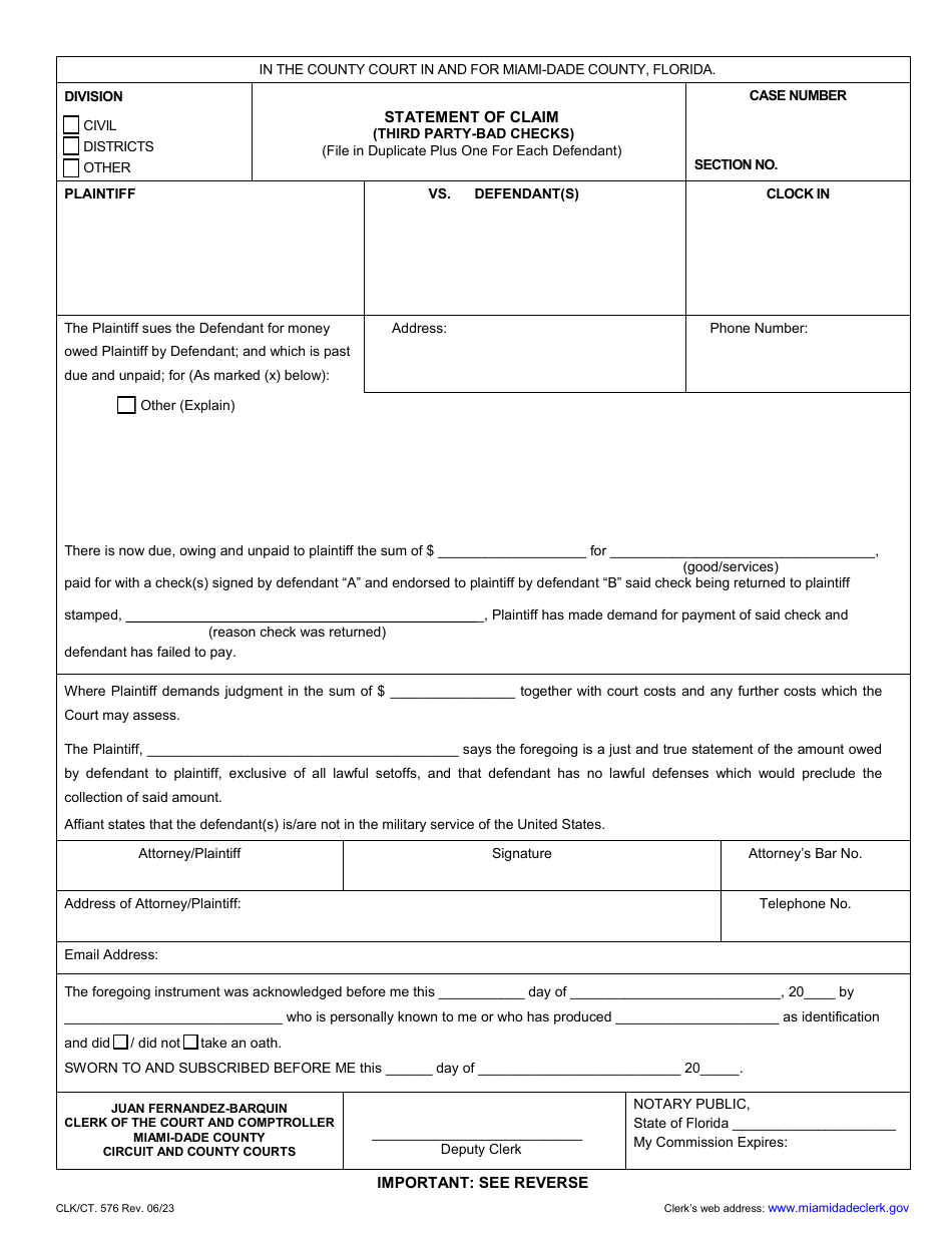 Form CLK / CT.576 Statement of Claim (Third Party-Bad Checks) - Miami-Dade County, Florida, Page 1