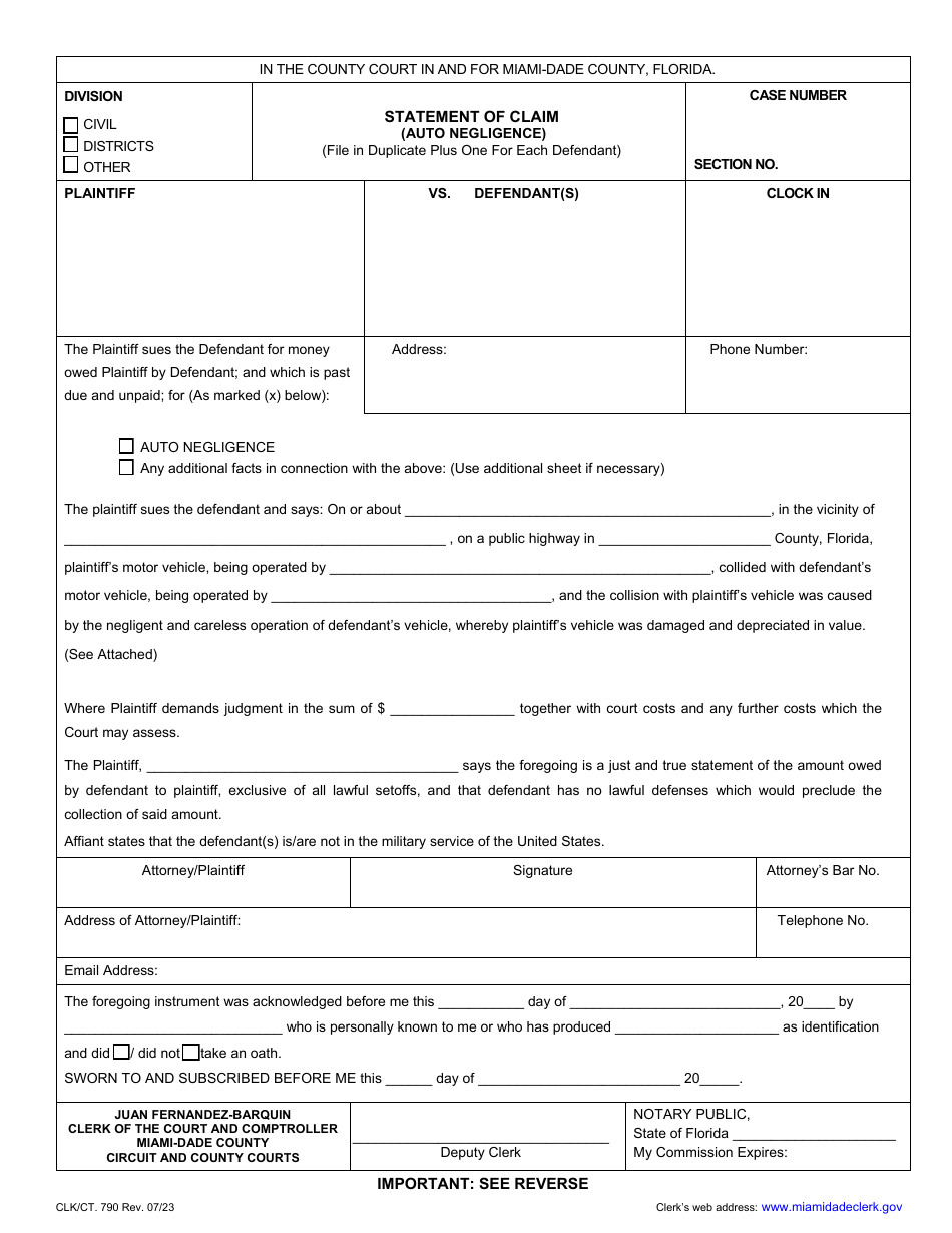 Form CLK / CT.790 Statement of Claim (Auto Negligence) - Miami-Dade County, Florida, Page 1