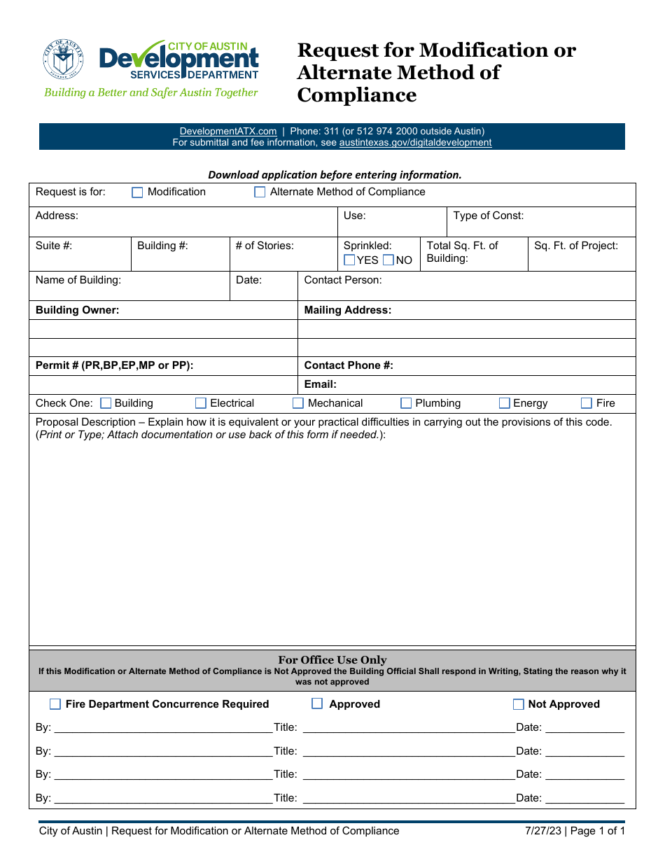 Request for Modification or Alternate Method of Compliance - City of Austin, Texas, Page 1